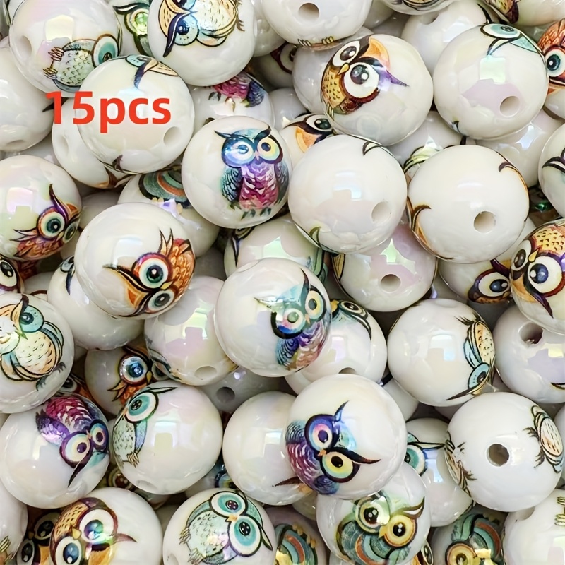 15pcs Of 16mm Owl Print Acrylic Beads Suitable For Making - Vibrant Mixed Colors, Glossy Surface, Perfect For Bracelets, Phone Charms, Necklaces, Earrings, Keychains, And Craft Projects