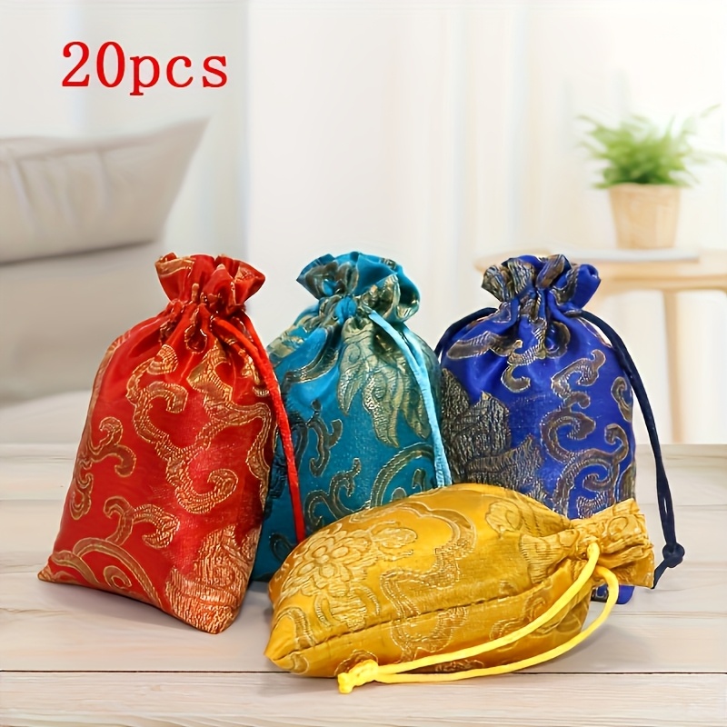 

20pcs Traditional Chinese Silk Jewelry Bags With Drawstring, Portable Velvet Pouches For Beads And Bracelets, Assorted Patterns, With Practical Hanging Hook, For Gift Bags