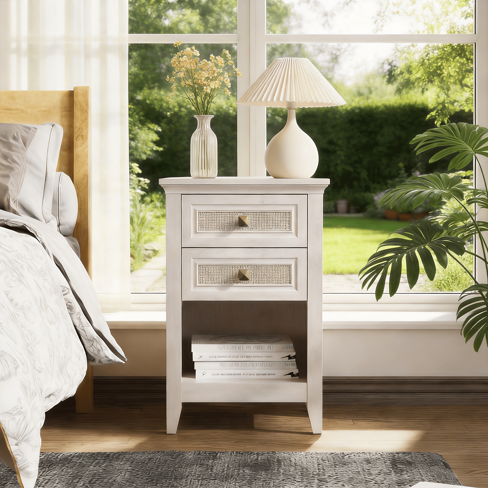 Farmhouse Nightstand, Boho Bedside Table With 2 Rattan Decor Drawers, Accent End Table With Open Storage Shelf, Wood Bedside Unit For Bedroom, Living Room, Home Office, Grayish White