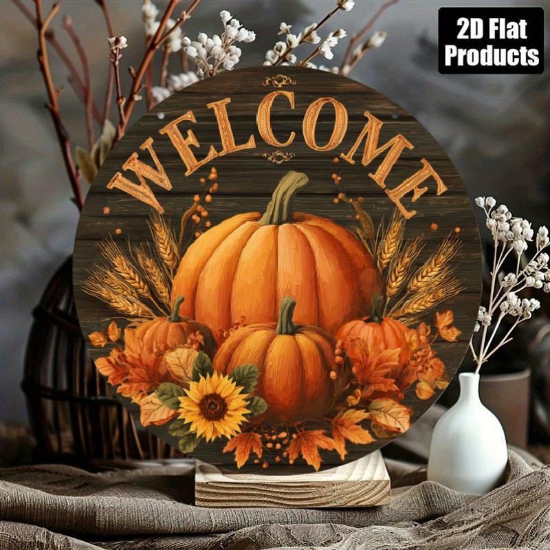 2d Flat, Welcome Sign With Large Pumpkins - Rustic Fall Decoration, Dark Brown/orange/beige/black/golden/, Durable Aluminum Metal Door Hanging Or Tabletop Decor For Porch, Garden, , 2d Flat