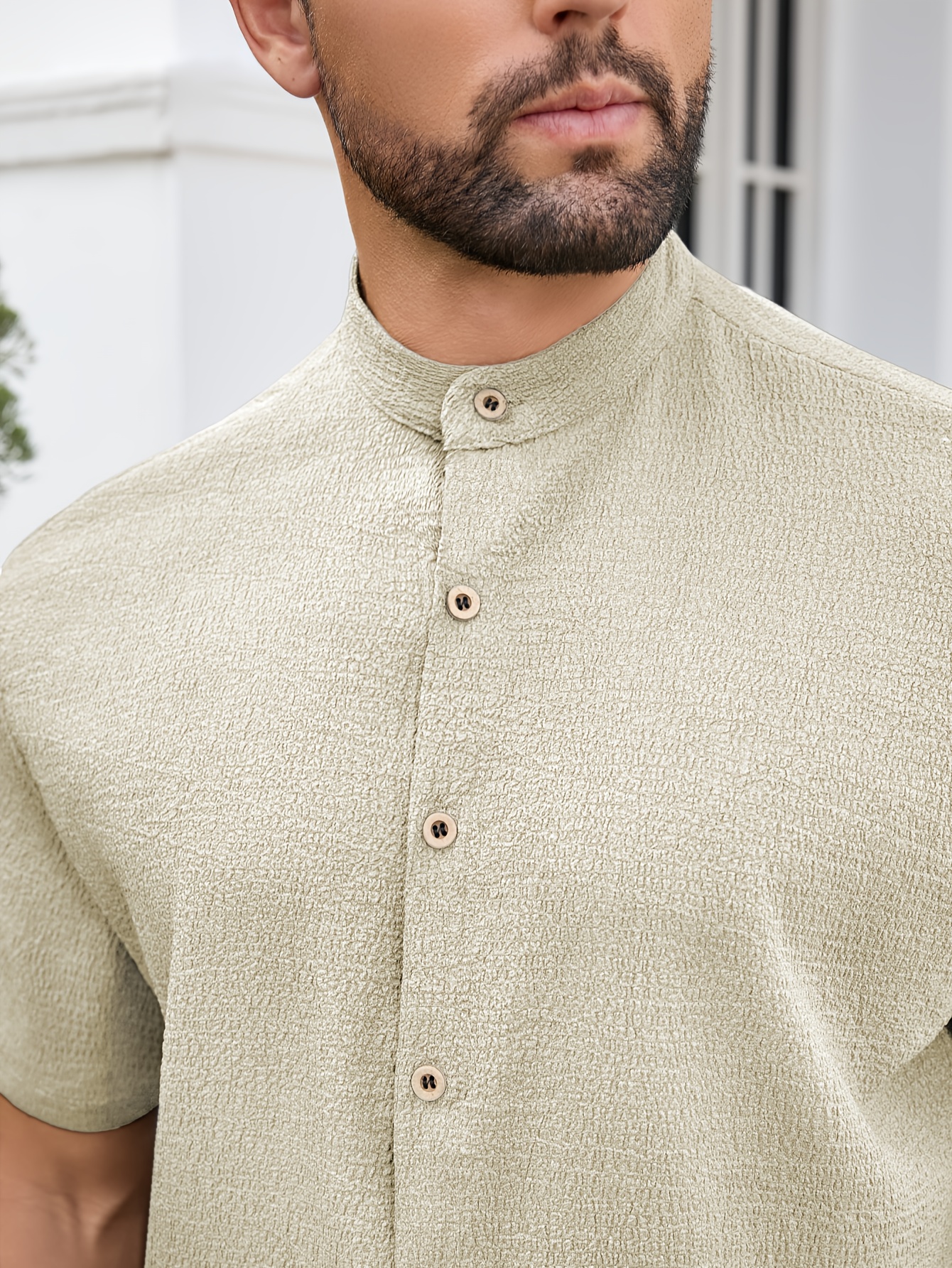 Men'S Lightweight Summer Casual Shirt - Solid Color Beige, Short Sleeve, Stand Collar, Button-Up, Breathable Woven Fabric for Outdoor & Weekend Wear, Relaxed Fit Shirt | Classic Collar Shirt | Durable Fabri