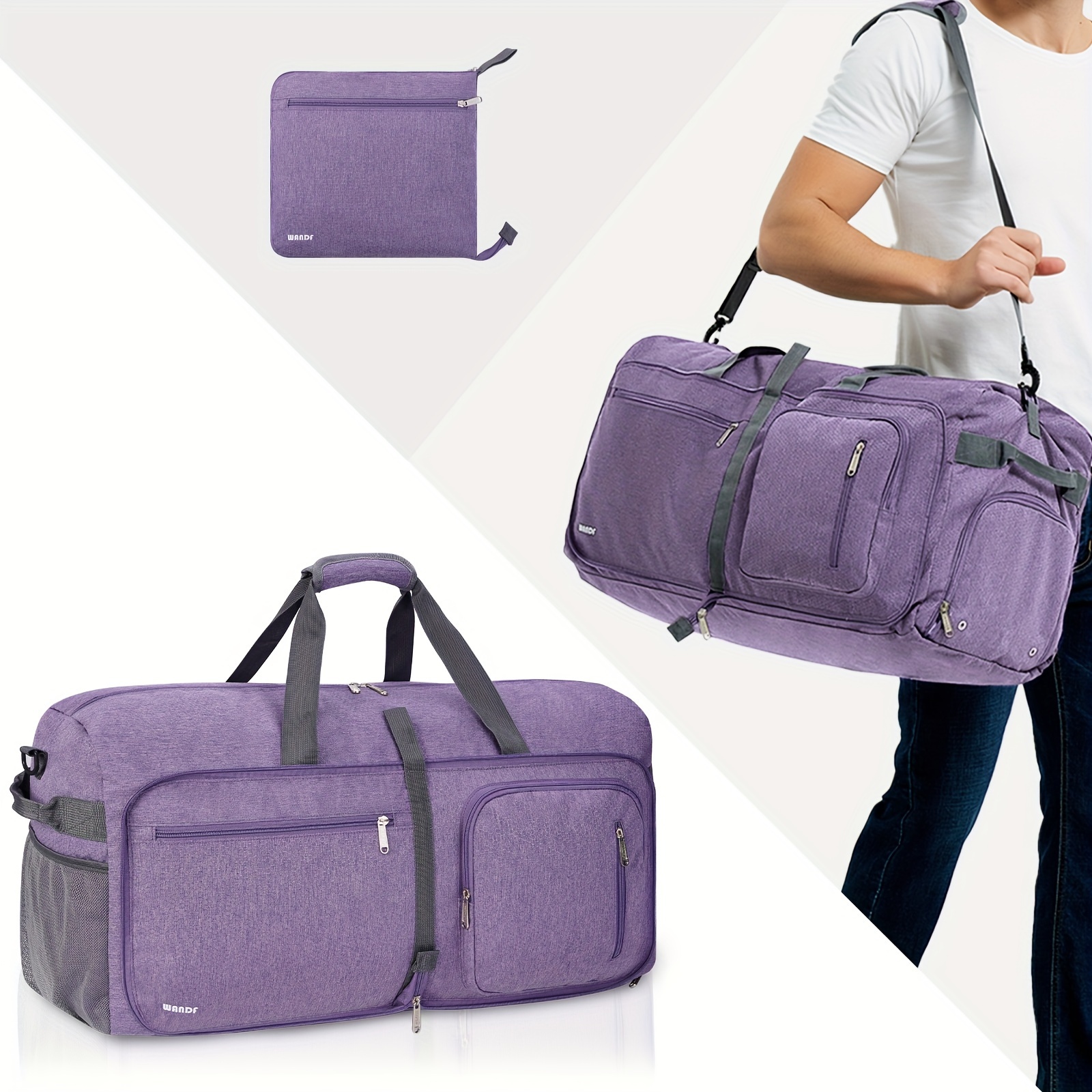 

65l Wandf Travel Duffle Bag With Shoe Compartment, Foldable Weekender Overnight Bag, Carry-on Luggage For , Water-resistant Nylon, Adjustable Shoulder Strap, Purple