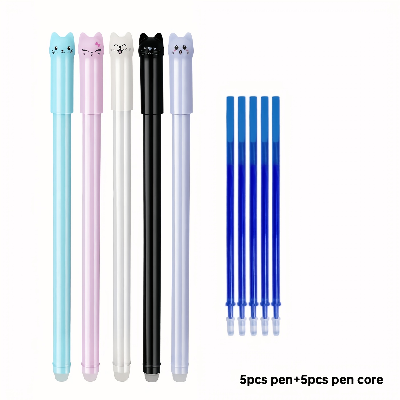 E-shop 10-teiliges kreatives Katzen-Thema Gelstift-Set, 0,5 mm feine Spitze, blaue Tinte, integrierter Radierer, ideal zum Notizen machen Schreiben,
