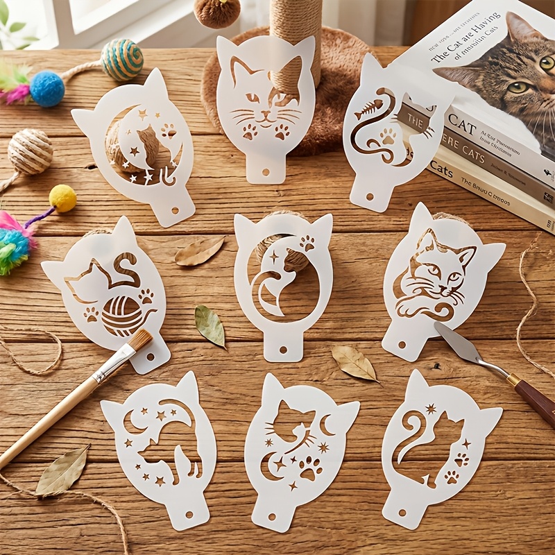 E-shop 9-teiliges Katzen-Gesichtsmalerei Schablonen-Set 9 cm _ 6 cm Kätzchen Silhouette Mond Stern Fischgrat Pfotenabdruck und Garnkugel Muster