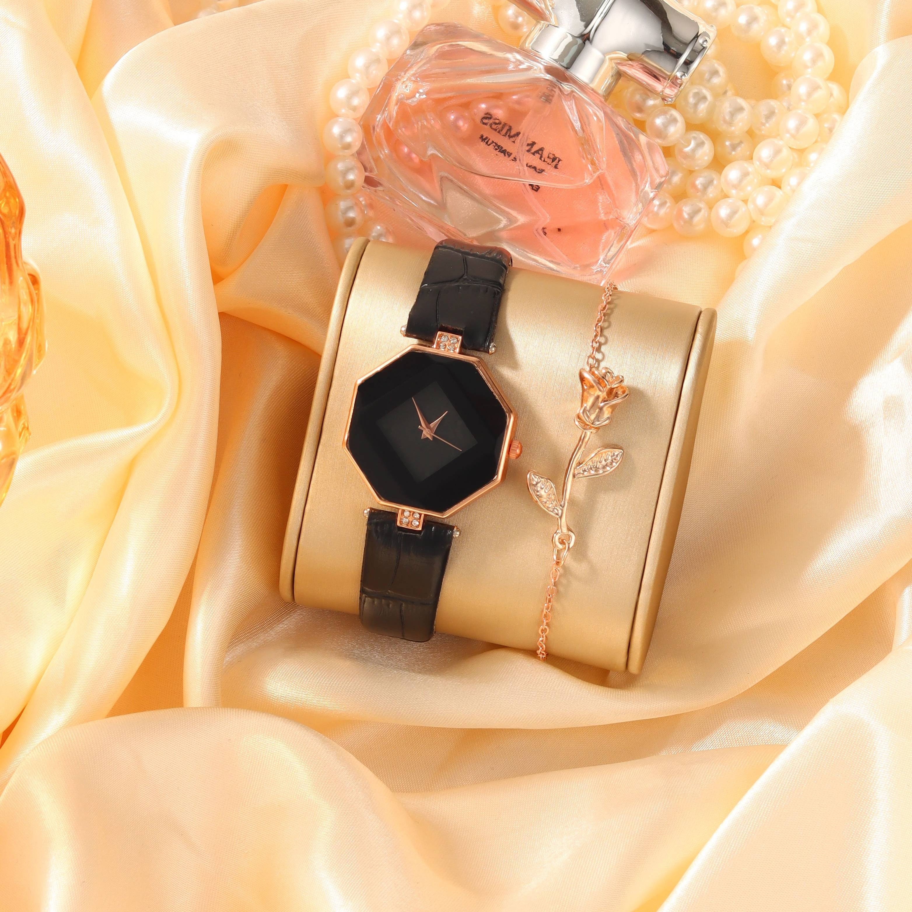 

Women's Watch Polygon Fashion Quartz Watch Luxury Rhinestone Analog Pu Leather Wrist Watch & 1pc Bracelet