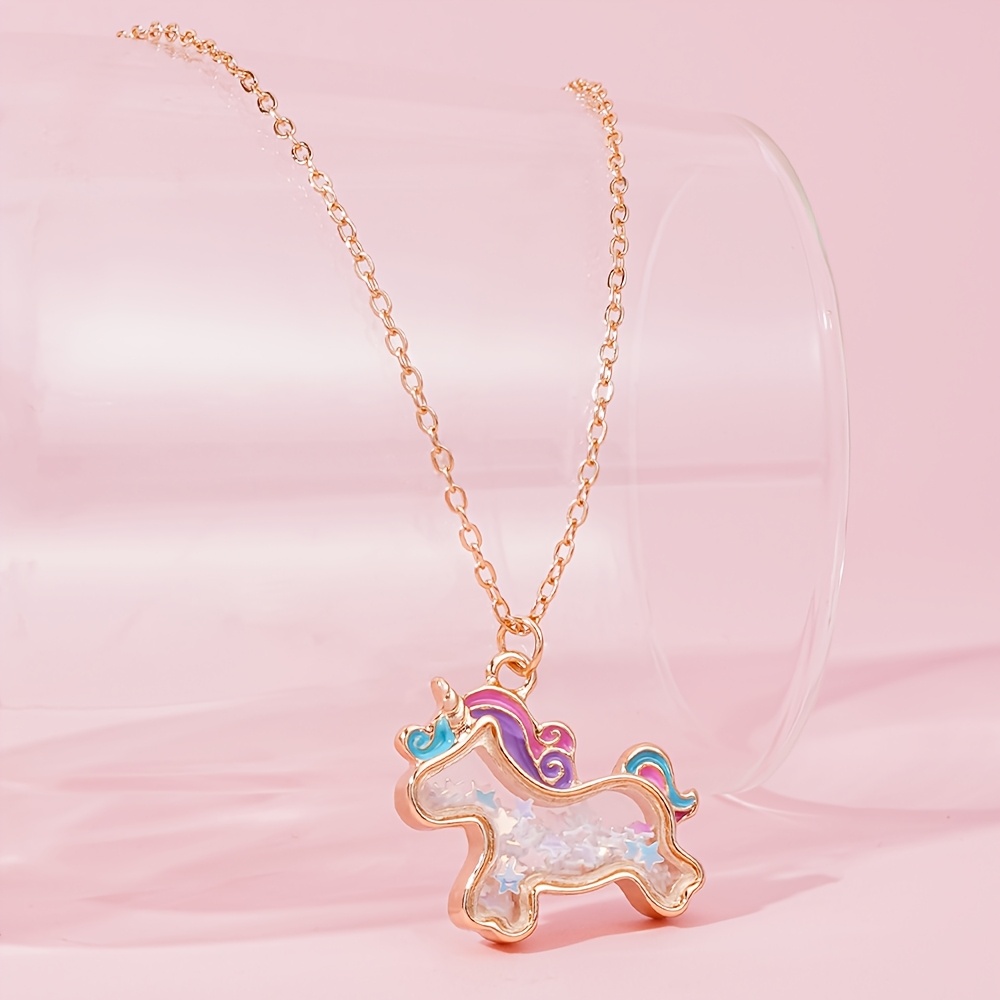 E-shop 1 Stück Einhorn-Anhänger-Halskette für Mädchen, farbwechselnder Glitzer-Shaker mit Karabinerverschluss & Boxketten-Aufbaukette, funkelnder