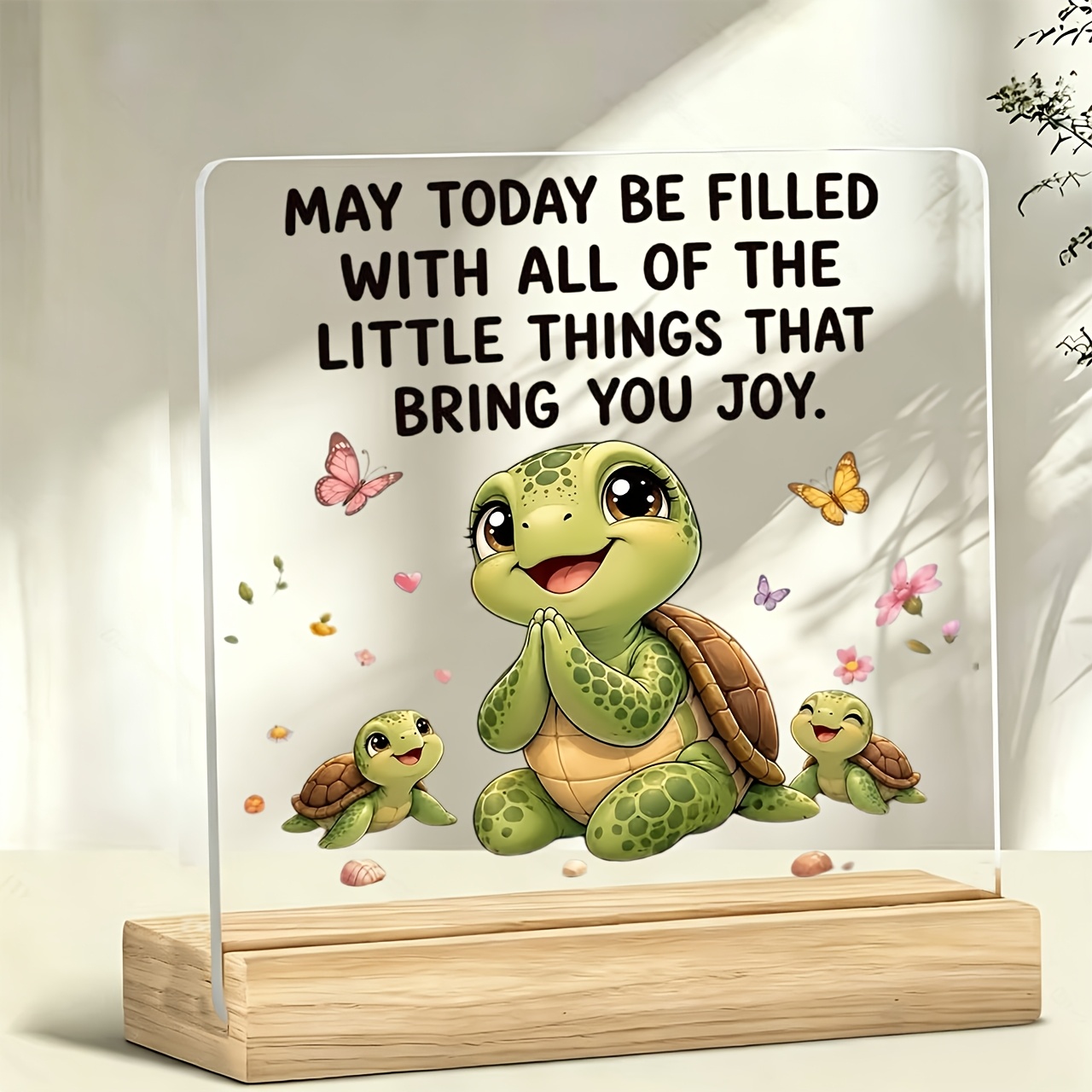 TEMU 2d Flat Plane, 1pc Turtle " Be Filled With Small Joys" Ornament, Warm And Inspirational Slogan, Acrylic Ornament With Wooden Base, Paperweight,