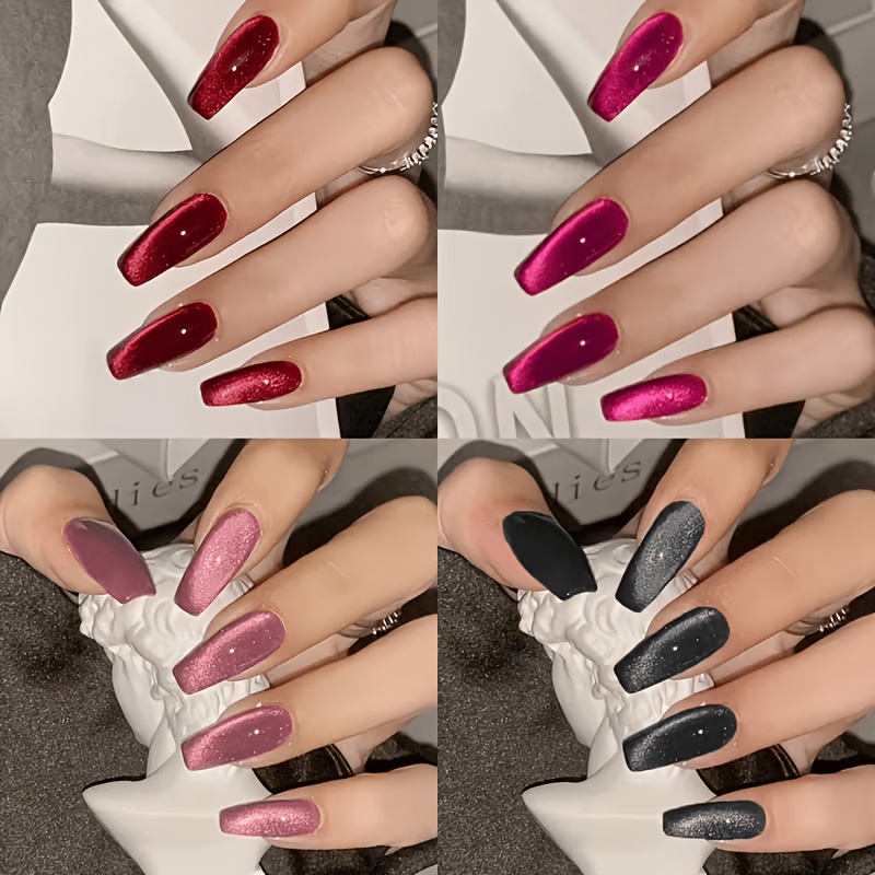 TEMU 96pcs Of Cat-eye Press-on Nails, Of Glitter Coffin-shaped False Nails, Medium-long Acrylic Nails, Reusable Full-coverage Nail Pieces For Women,