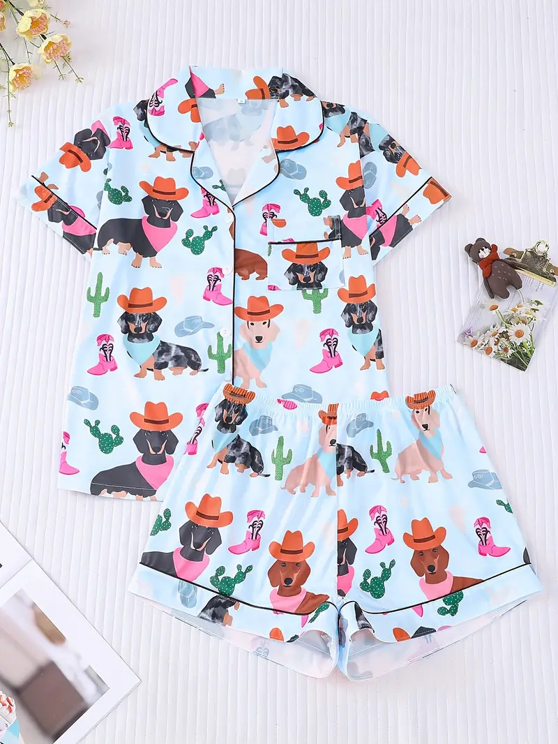 two piece cartoon anime pug print pajama set outside short sleeved cardigan lapel top and loose elastic shorts casual womens pajamas and home clothes set Product details 0