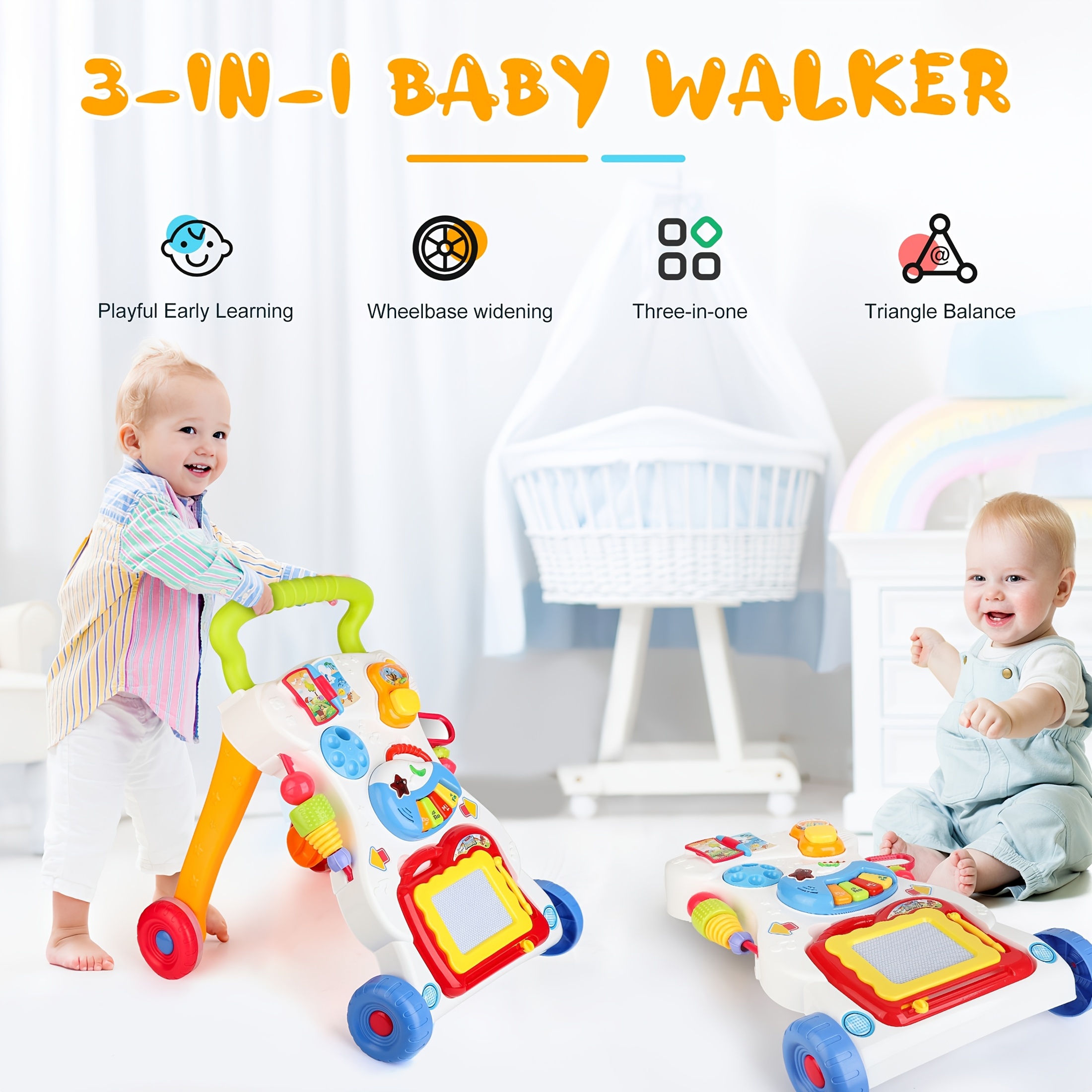 Baby Walker 5in 1, Sit-to-Stand Learning Walker, Assemble As Scooter/Balance Bike/Push Walker/Activity Table/Detachable Panel, Push Pull Toys, Walkers, Puzzle And Educational Toys ABS, Interactive Piano, Phone & Storybook, Non-Slip Safety Design