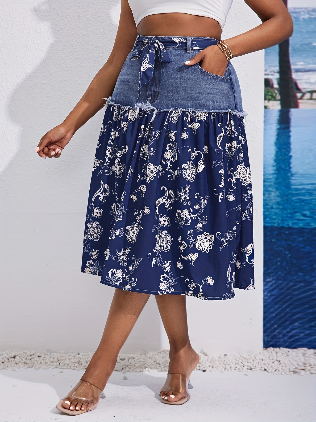 Women'S Bohemian Floral Print Chiffon Skirt with Denim Overlay  High-Waisted, Flowy *-Length Skirt for Spring/Summer/Fall Casual or  Stylish Outfits