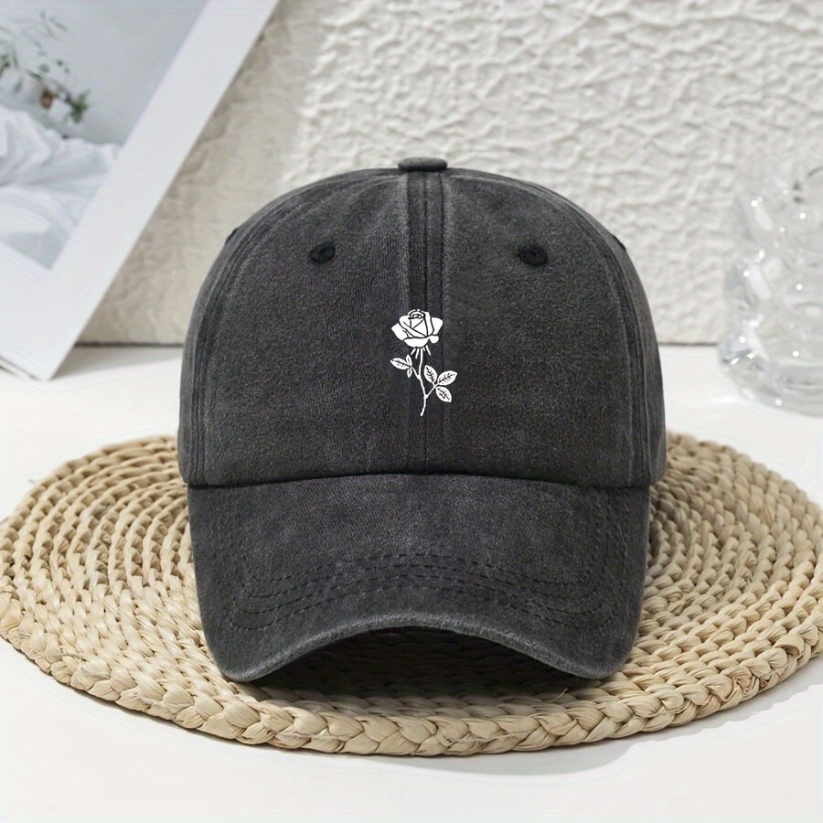 

Rose Flower Print Baseball Cap Stylish Washed Dad Hats Lightweight Adjustable Breathable Hats Mother's Day For Women