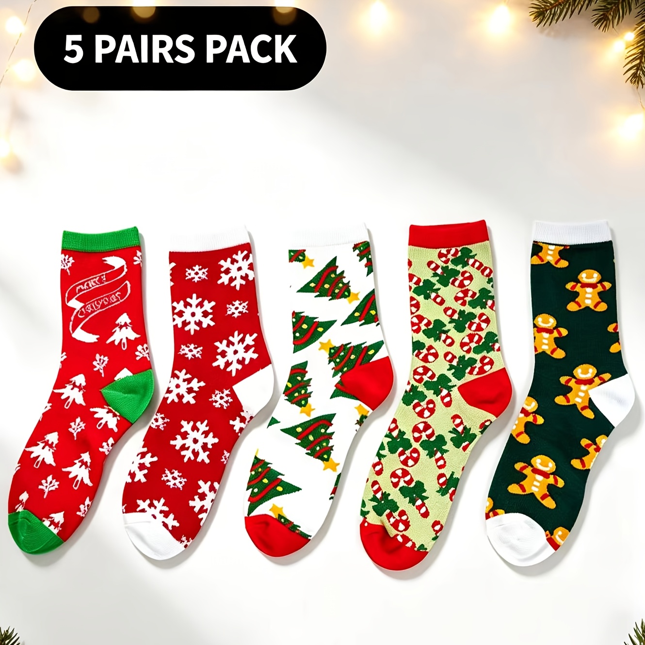 TEMU Lot de 5 paires de chaussettes unisexes de Noël en jacquard pour homme et femme - pain d'épices, de neige, sapin, , lavables à pour fêtes et