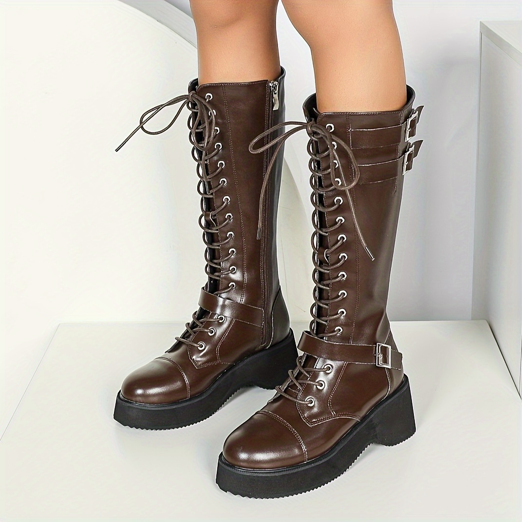 women's knee high combat boots solid color casual season - Temu