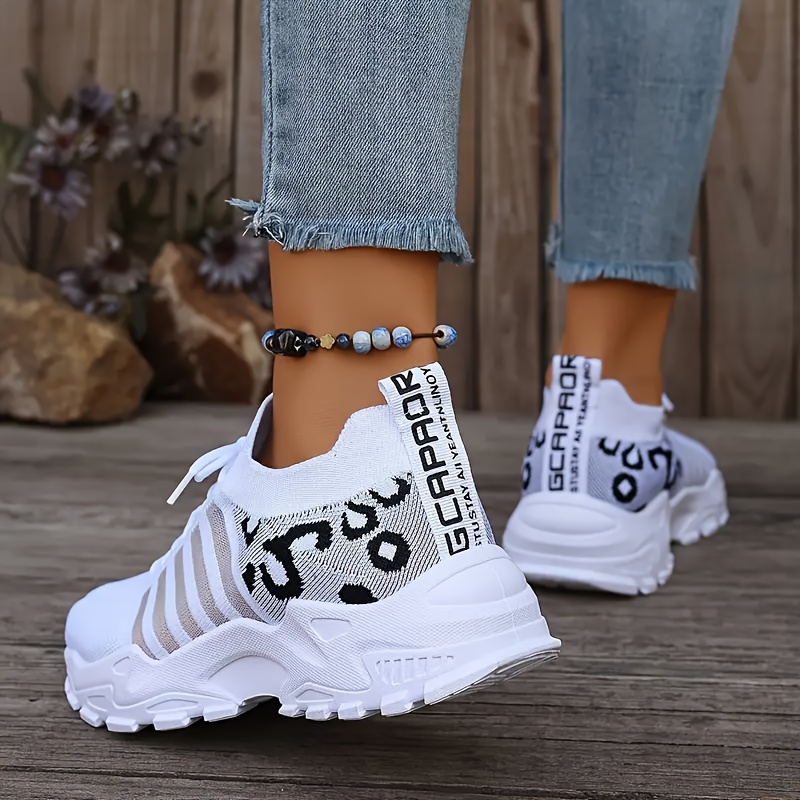 Women's Leopard Print Sneakers- Breathable Mesh Knit, Eye- Catching Color Combinations, Lightweight And Supportive White Sole, Great For Fashion- Ladies