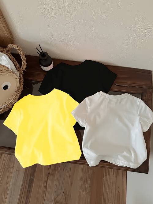 mädchen-t-shirt-set mit 3 teilen, „hallo erstklässlerin“, schleifen-schreibwaren-briefdruck, gelb/schwarz/weiß, dreifarbig, für frühling/sommer, vielseitig bequem, rundhals, kurzarm, für ausflüge im freien (alter 0-3)