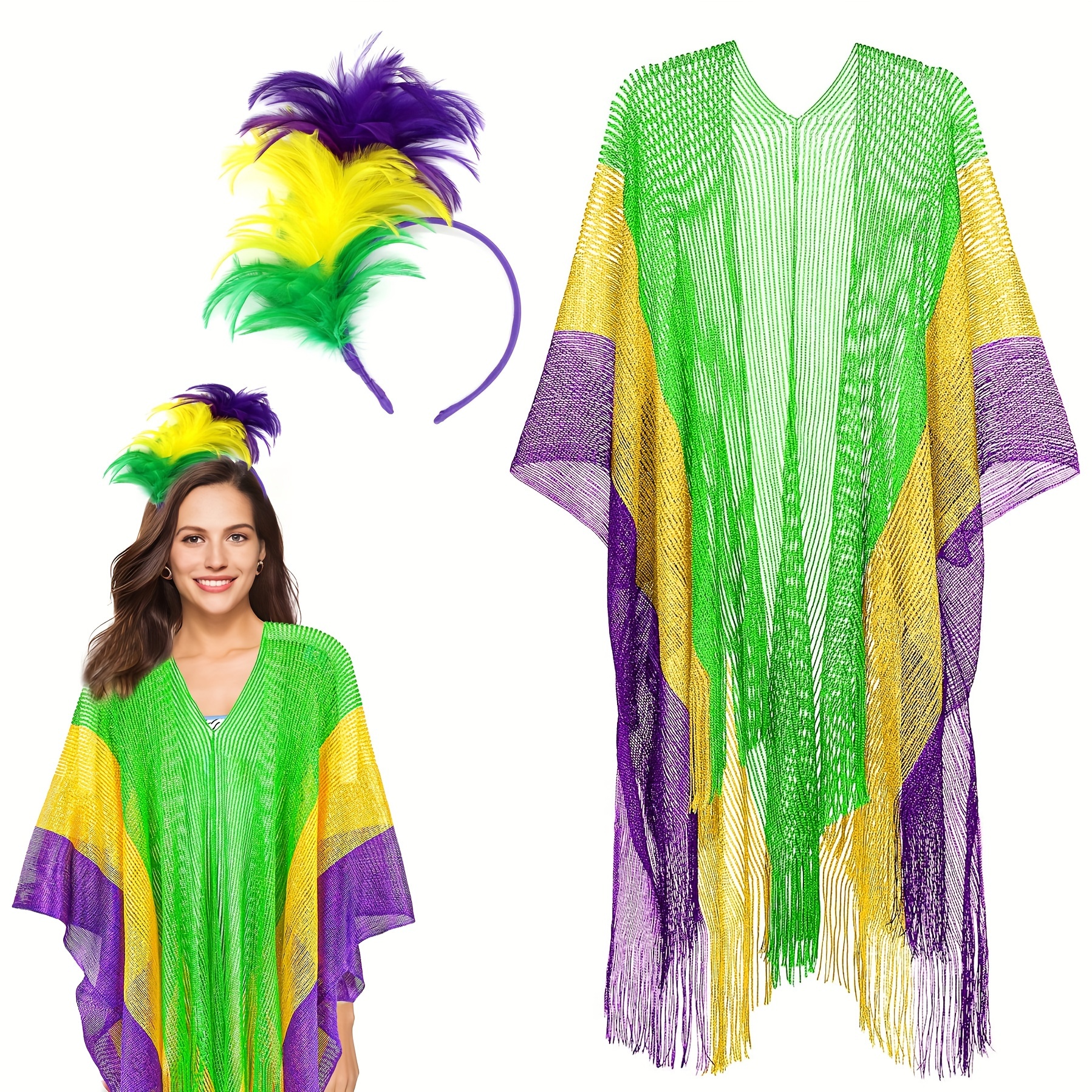 

Mardi Gras Mask/headpiece With Mardi Gras Poncho Shawl Women Masquerade Artificial Feather Mask Or Headbands Purple Long Cape For Mardi Gras Halloween Costume Accessories