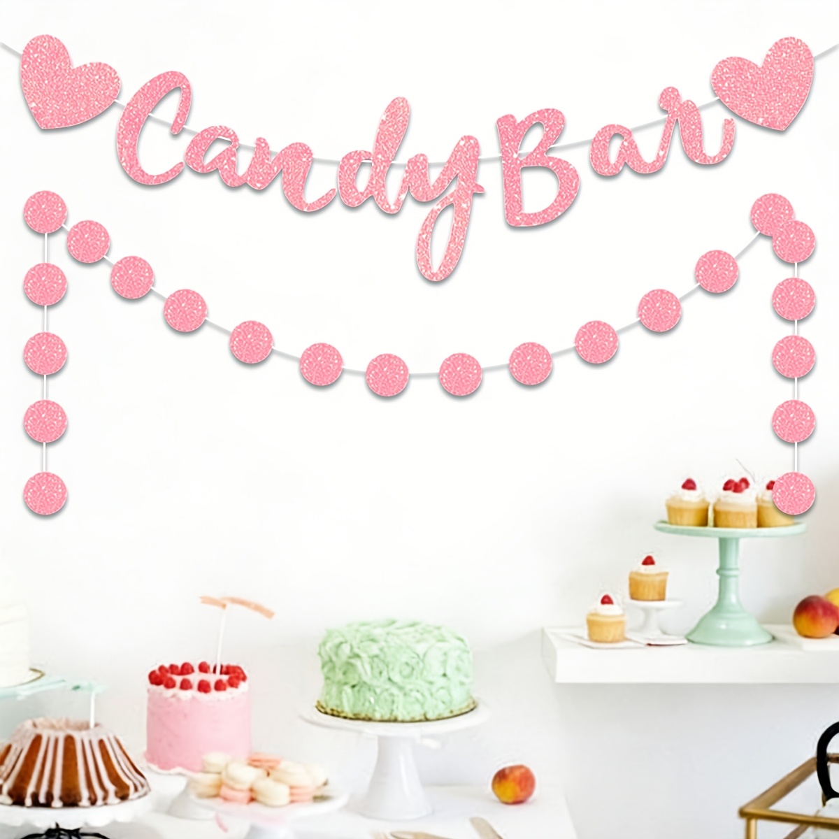 Image of A Pink And Golden "candy Bar" Decoration Banner Set For Dessert Tables, Suitable For Weddings, Birthday Parties, Showers, And Afternoon Teas . Hung Above The Dessert Table Or On The Backdrop