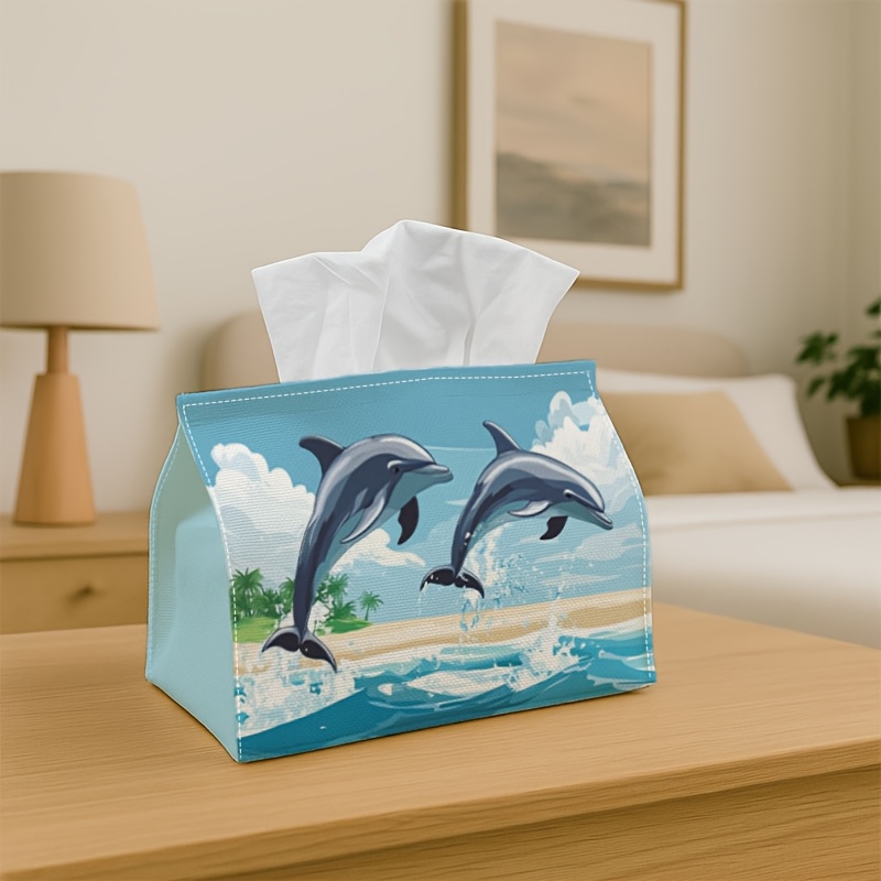TEMU 1pc Tissue Box Holder Featuring A Fun Coastal Design With Jumping Over , Made From Durable Polyester, The Kitchen, Living Room, Bedroom,