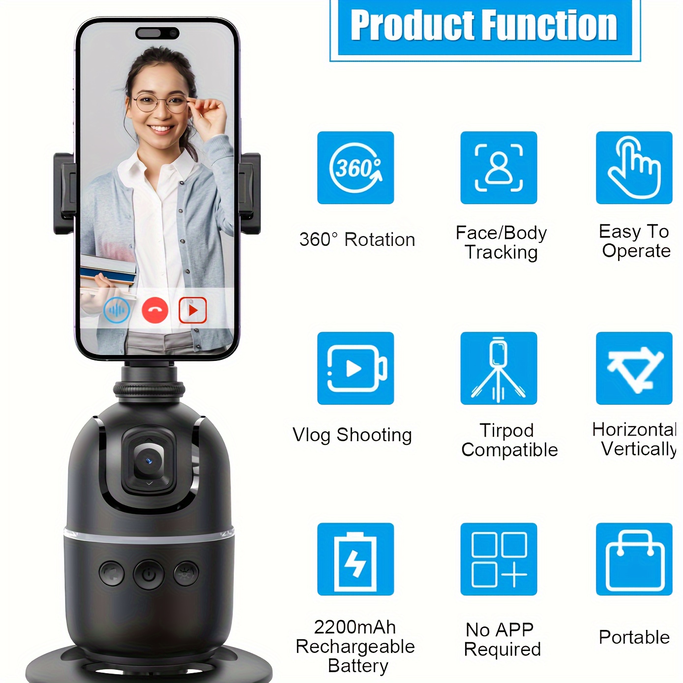 

Tracking Tripod, Required, 360° Face Mount Shooting Phone Tracking Holder For Vlog Live Streaming Video, Rechargeable Battery, Black