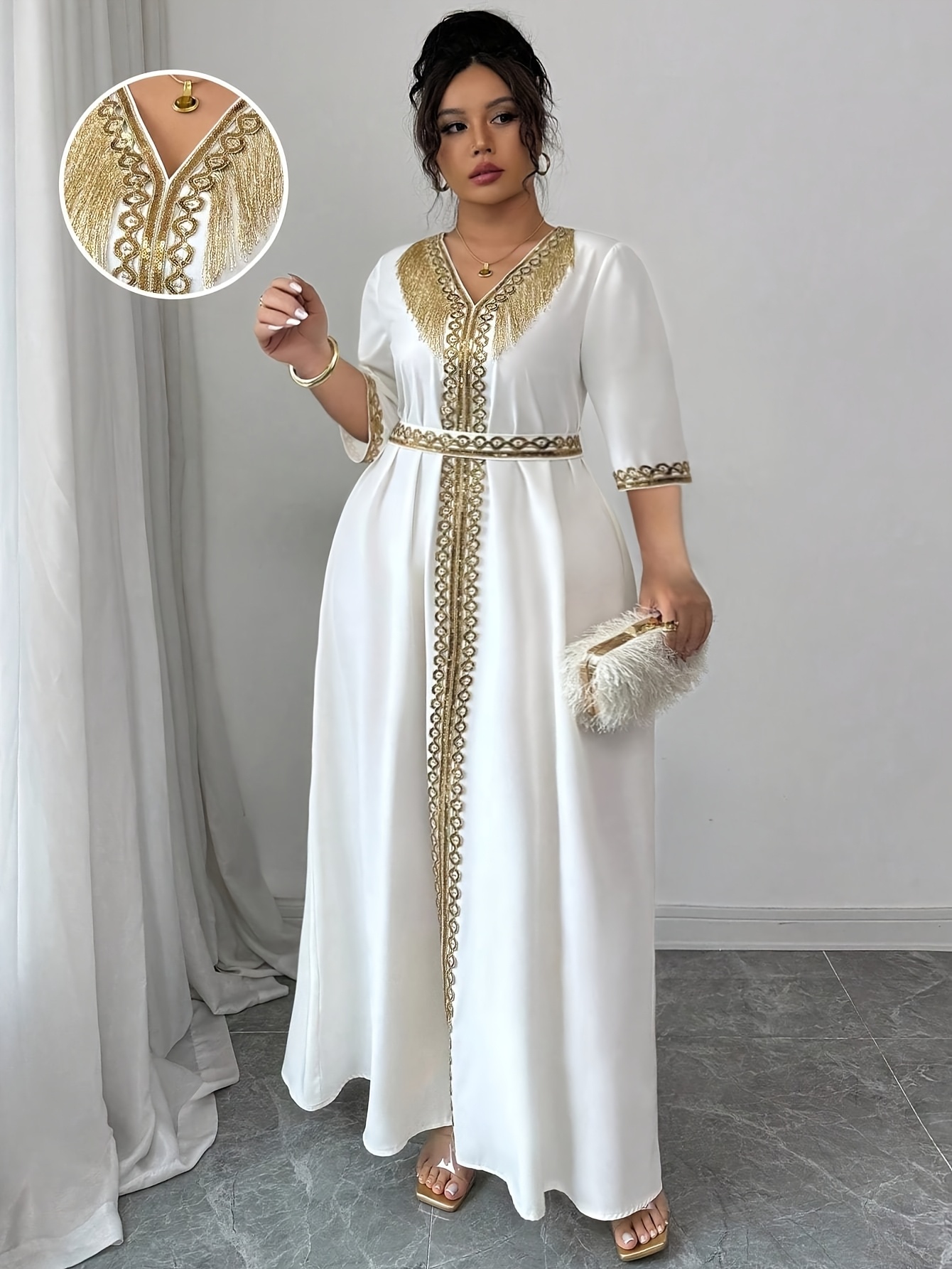 Plus Size - Plus Size - Elegant Plus-Size Dress with Golden Sequins,  Straps, Tassel Details, And a V-Neck Back Tie, Suitable for Summer And  Autumn