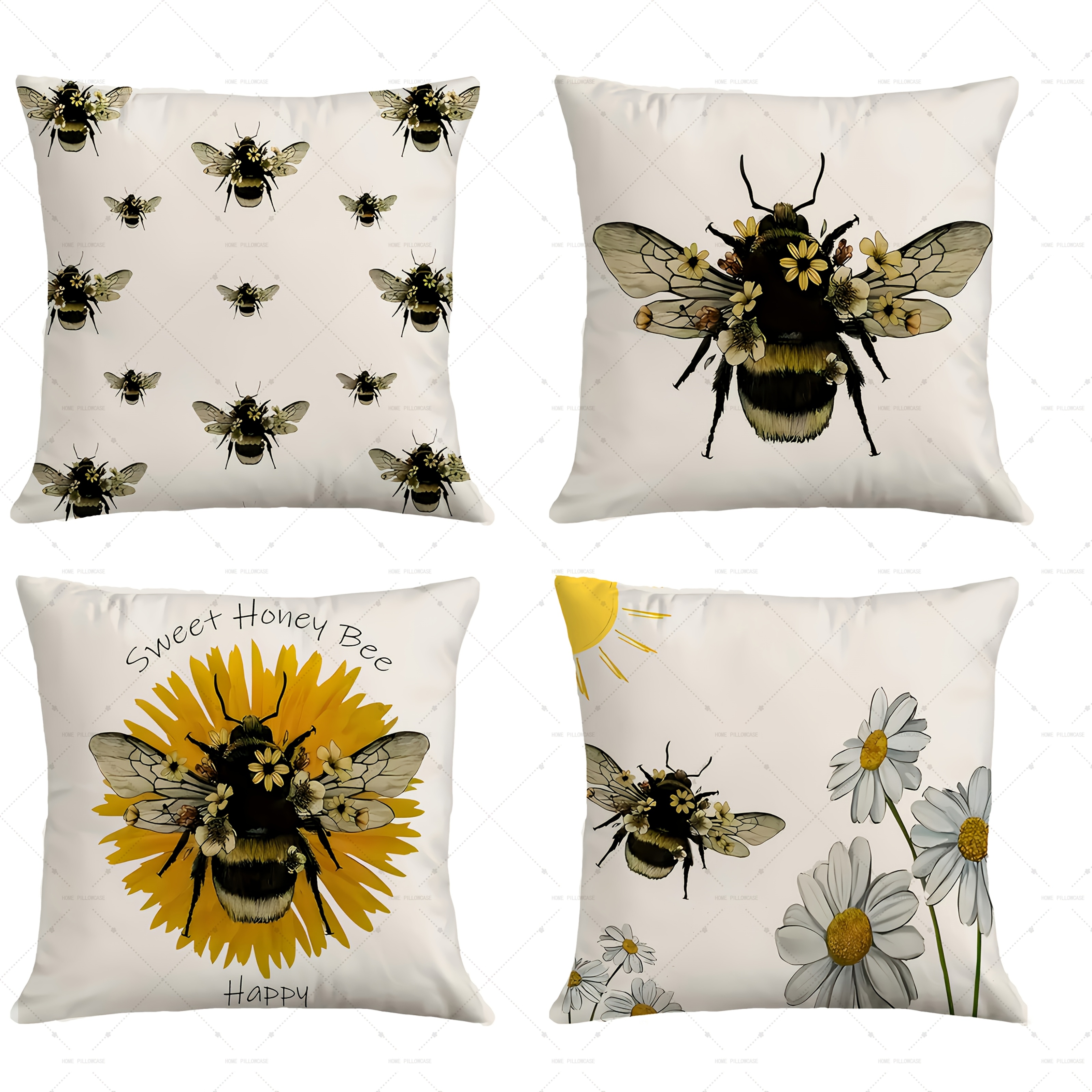 TEMU 4pcs Contemporary Bee And Daisy Print Throw Pillow Covers, Machine Washable Polyester Decorative Cushion Cases With Zipper For Bedroom, Sofa,