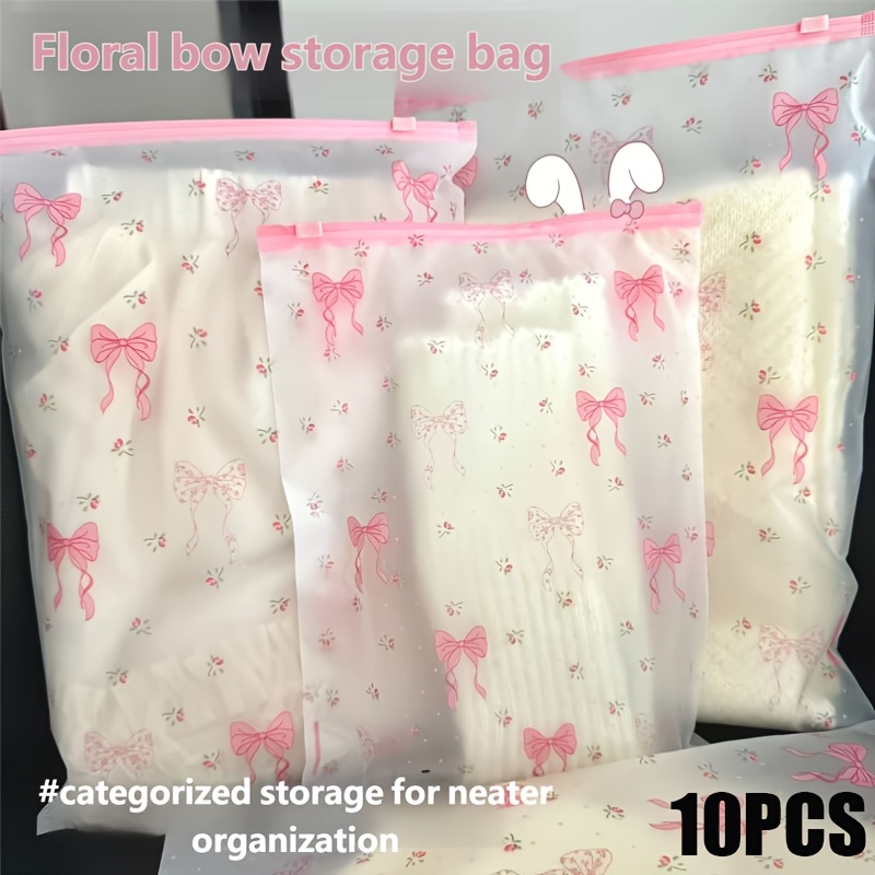 TEMU 10pcs Set Of Transparent Floral Bow Clothing Storage Bags With Zipper - Durable Peva Material, For Clothing, Underwear, Toiletries, Cosmetics