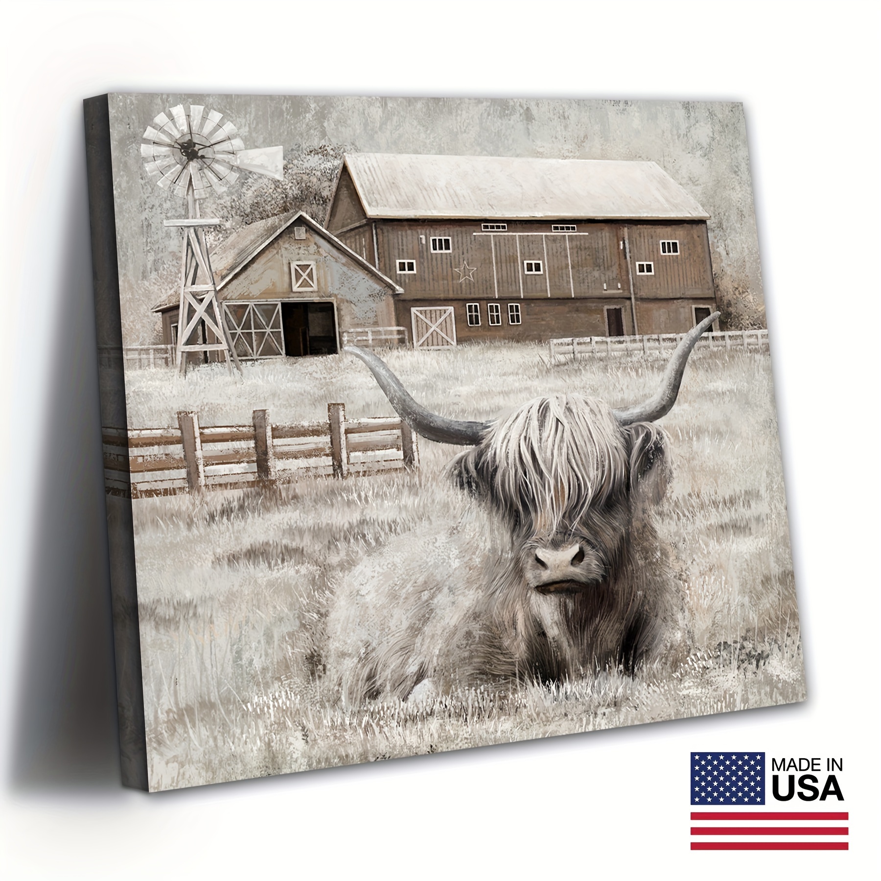 

1pc Cow Decor Highland Cow Picture Wall Decor Rustic Farmhouse Barn And Windmill Landscape Painting Framed 24x24 Inch, Framed Ready To Hang