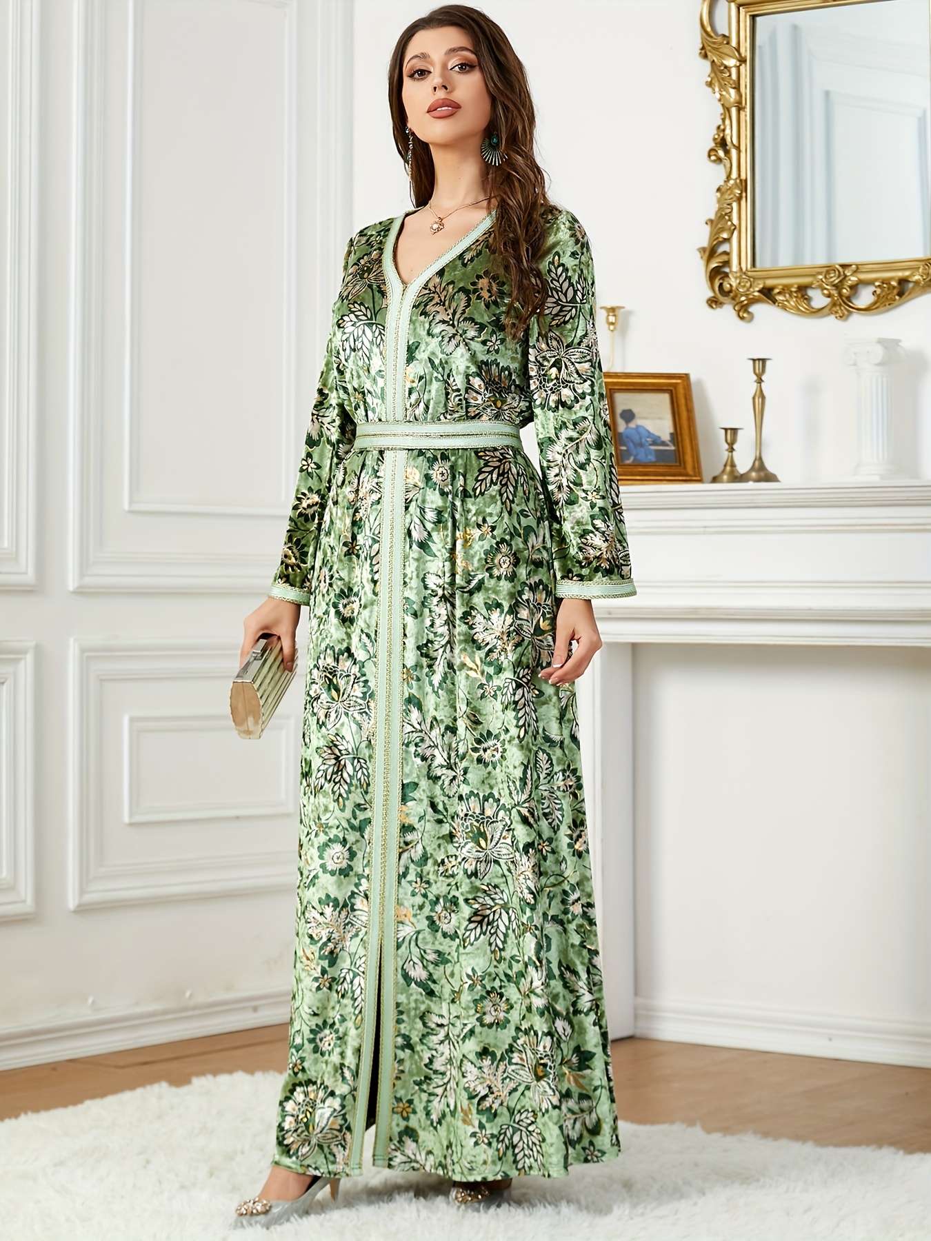 chinese dress ladies Sage Floral Satin Lace Trim Deep V Maxi Dress