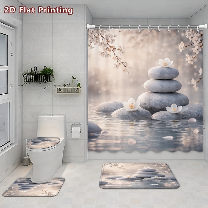 4pcs Zen Sakura Shower Curtain Set with Bath Mat