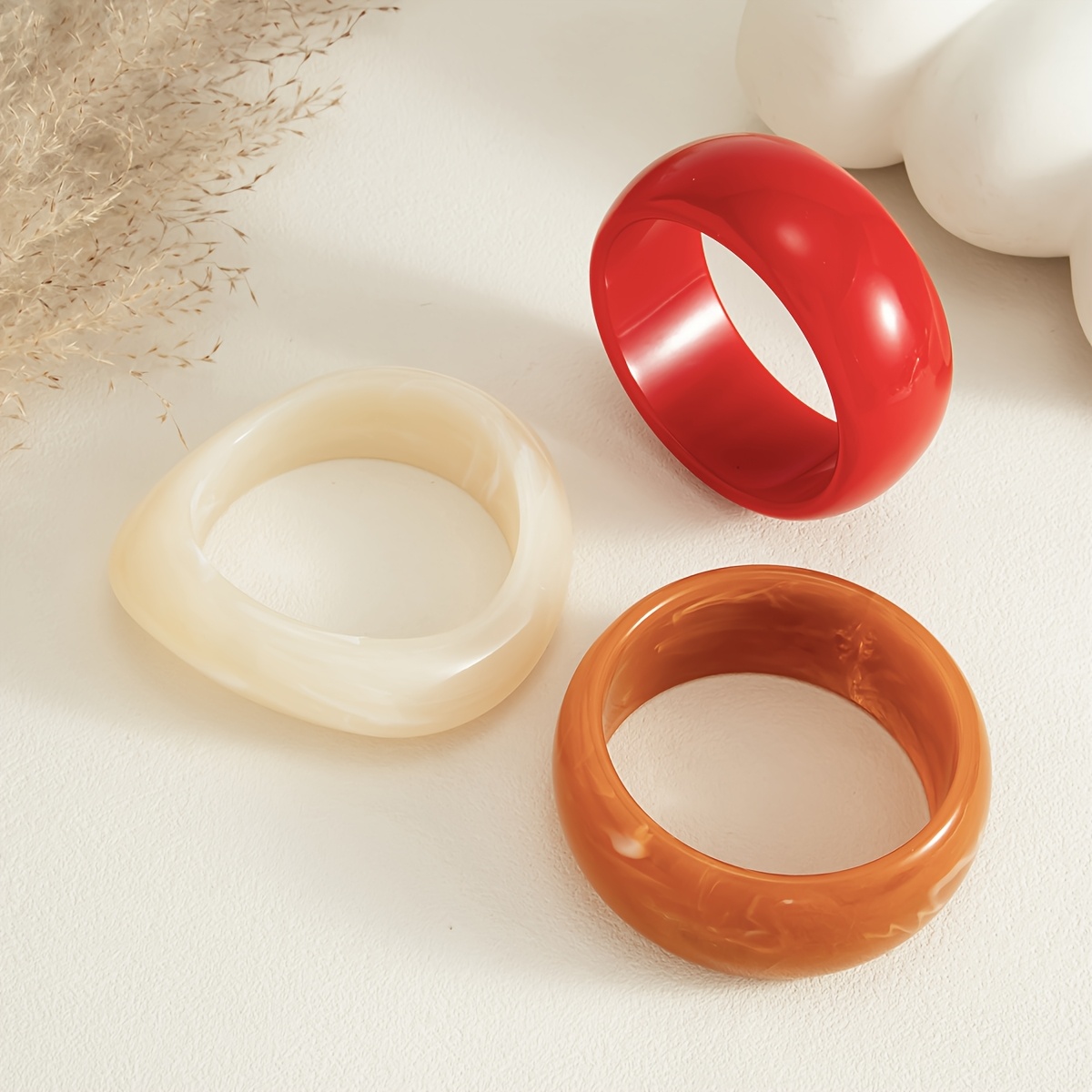 3pc Wide-Style Resin Bangle Set, Teardrop & Round Design