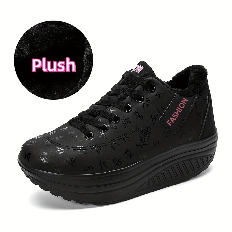 

Women's Cozy Black Platform Sneakers - Comfortable Low-top, Warm Fleece Lined, Classic Rocker Shoes With Non-slip Eva Sole