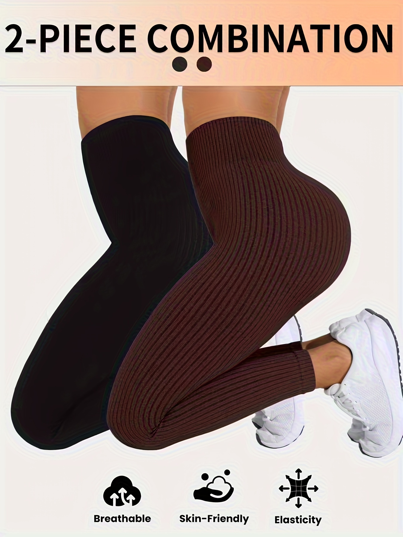 item picture 2pcs womens high waisted ribbed yoga leggings breathable stretchy and comfortable for fitness casual wear solid color high     spring summer fall workout leggings ribbed texture high  fabric
