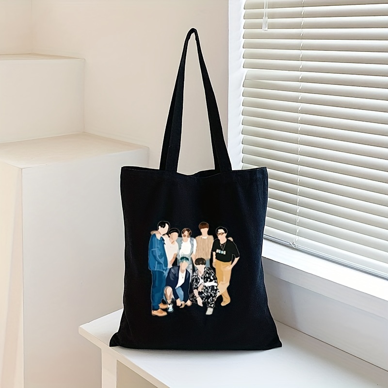 

1pc Black Minimalist Cartoon Character Print Tote Bag, Large Capacity Canvas Shopping Bag, Stylish Bag For Everyday Use