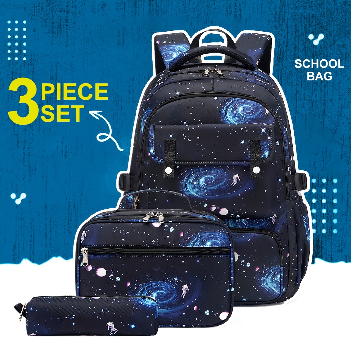 3 قطع مجموعة حقائب مدرسية Starry Sky Cartoon على ظهره ، حقيبة غداء ، مجموعة مقلمة للأولاد ، هدية موسم المدرسة ، حقيبة ظهر 15.6 بوصة