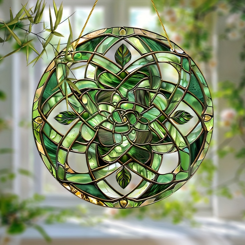 

Celtic Knot Suncatcher Hanging Decoration, 9 Inch Stained Glass Window Art, Home Aesthetic Decor For Wall, Room, Garden, Patio, Birthday Gift For Sister, Friend, Women - Green Leaf-themed Design