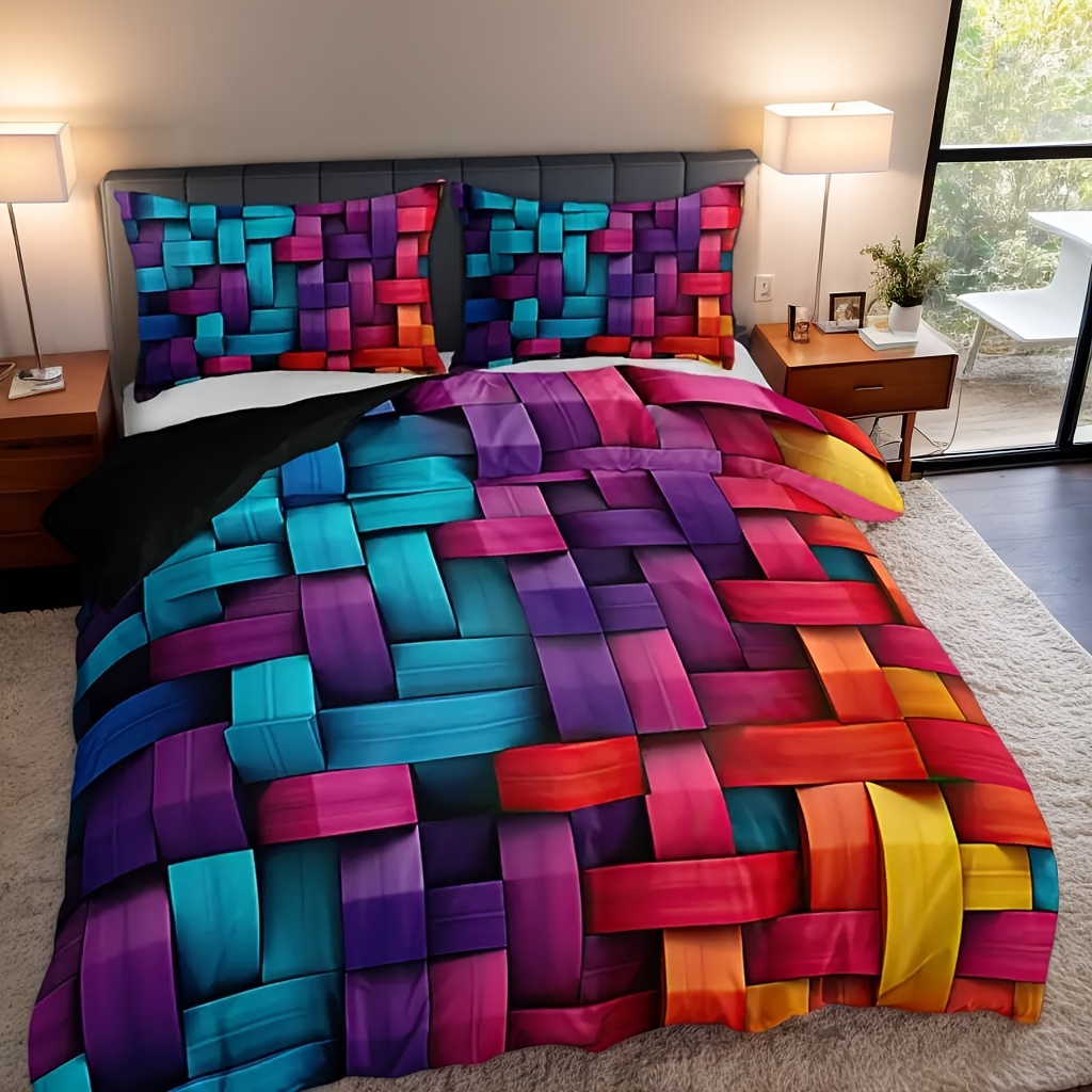 TEMU 3pcs Polyester Colorful Grid Print 3d Printed Duvet Cover Set, Modern Home Decor, Gift For - Soft And Comfortable Bedding For Bedroom And - 1