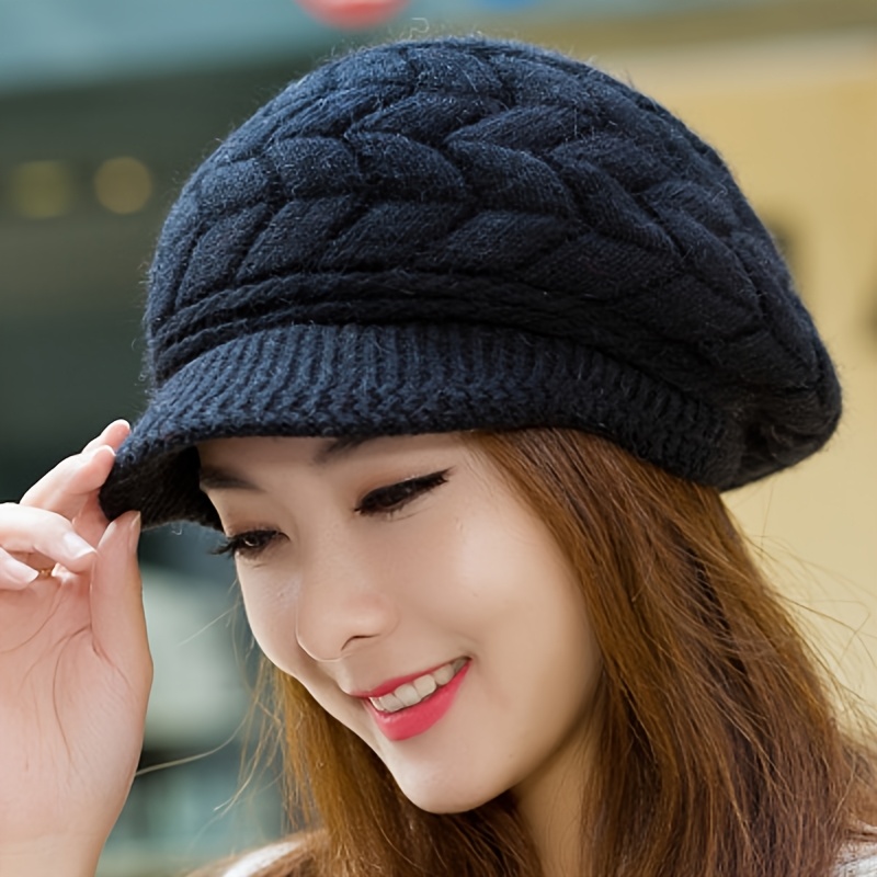 Image of Women's Merino Wool Hat, Autumn Winter Warm Brimmed Scrunched Woolen Hat, Outdoor Cold Protection Casual Beret