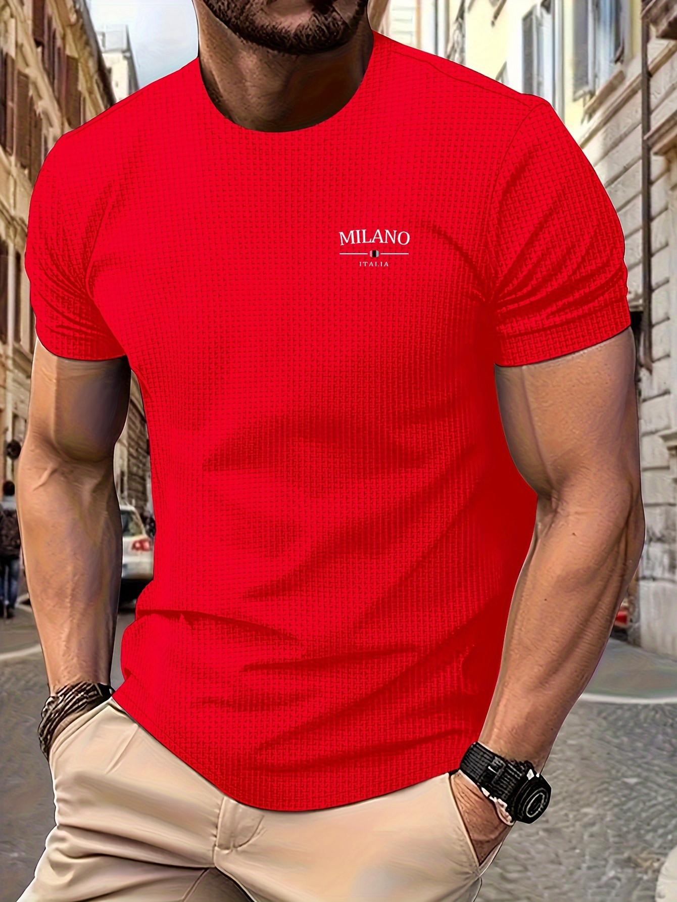 Men's Milan Print Short Sleeve Crew Neck T-Shirt, Breathable Nylon Blend, Comfortable Casual Top for Summer Outdoor Activities & Tennis Training