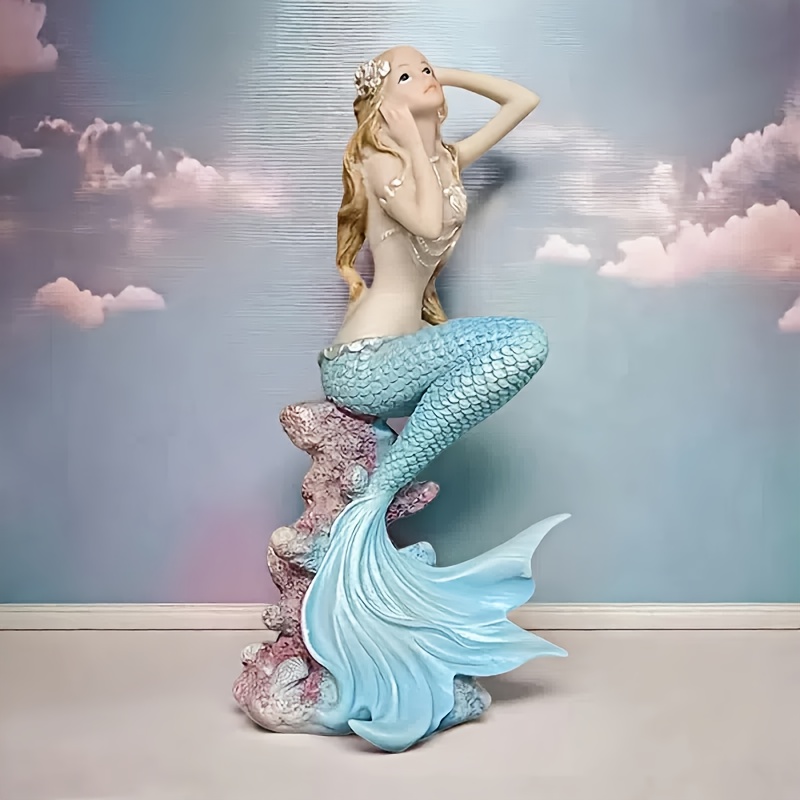 TEMU 1pc Popular Cute Mermaid Statue Resin Craft, Ornament With Exquisite Face Carving And Realistic Design – Living Room Display Or Desk Decoration