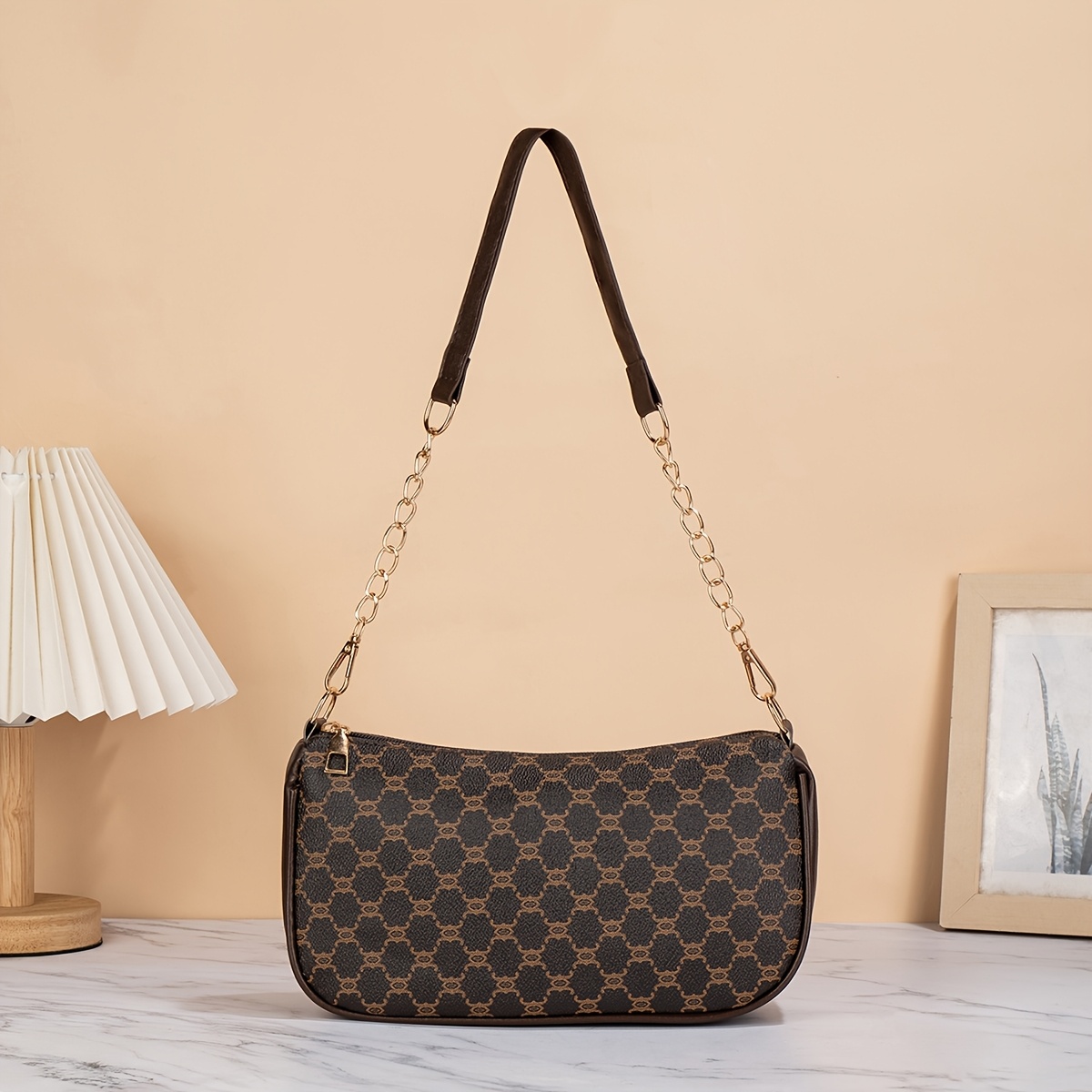 TEMU Vintage Print Glasses Pillow Bag Underarm Bag Light Luxury Chain Shoulder Strap Single Shoulder Bag Autumn Winter All-match Commute Temperament