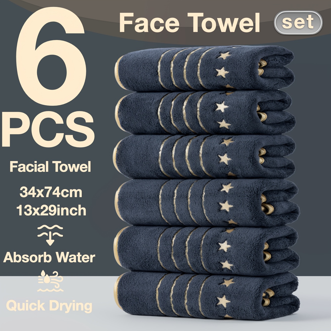 TEMU 6-strip Pack Gold-trimmed Quick-dry Absorbent 74 X 34cm Embroidered Star Easy Style Suitable For Holiday Outdoor Camping Swimming Travel Spa,