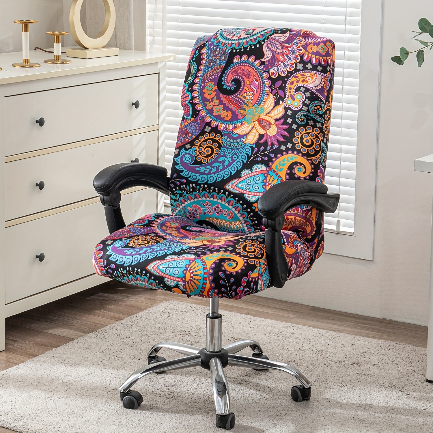 TEMU 1pc Stretch Printed Chair Covers, Universal Desk Rotating Chair Slipcovers, Removable Washable Spandex Chair Protector Cover With Zipper