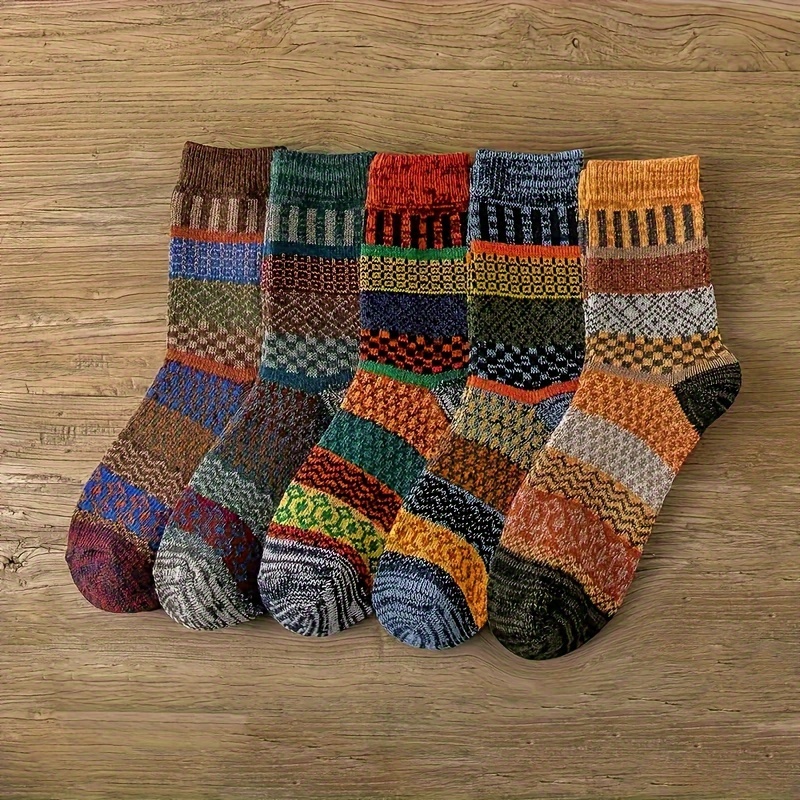 

5 paires de chaussettes unisexes à géométriques, style vintage ethnique, mi-hautes en éponge pour et l'hiver, bas et collants pour femmes