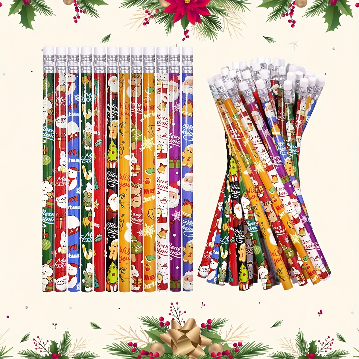 

Christmas-themed Wooden Pencils With Erasers - Snowman, Santa & Elk Designs - Holiday Stationery And Party Favors