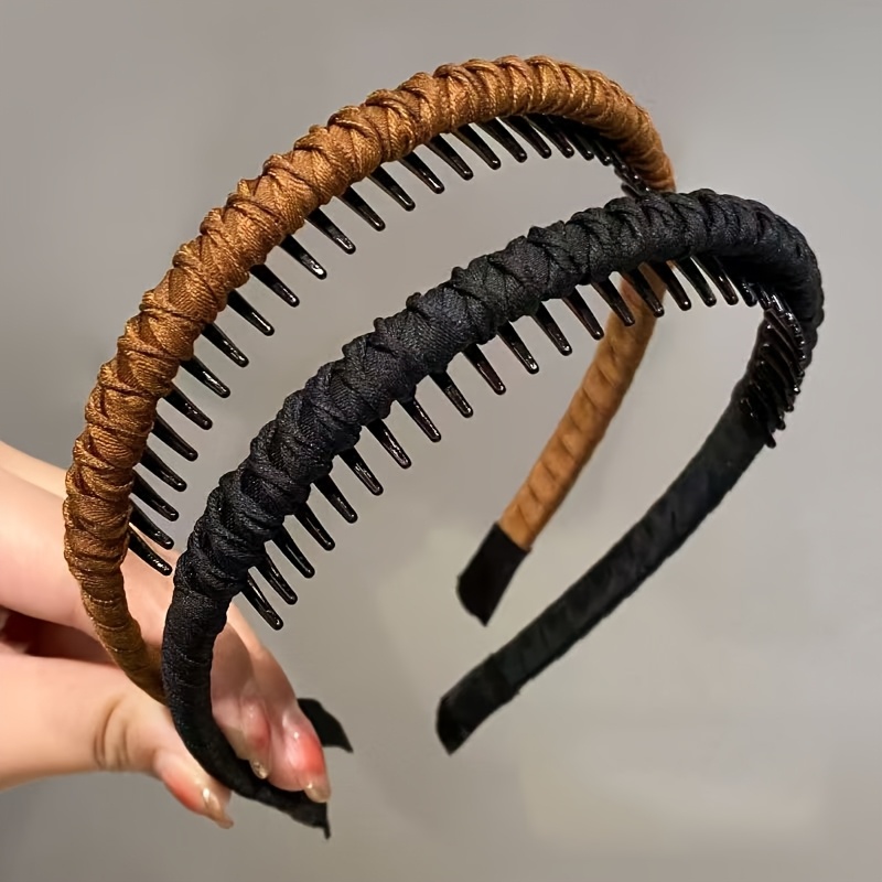 TEMU 2 pezzi per capelli da donna nere e color caff癡 con nastro in tessuto, fascia intrecciata antiscivolo, per lavare il , clip per capelli da parte
