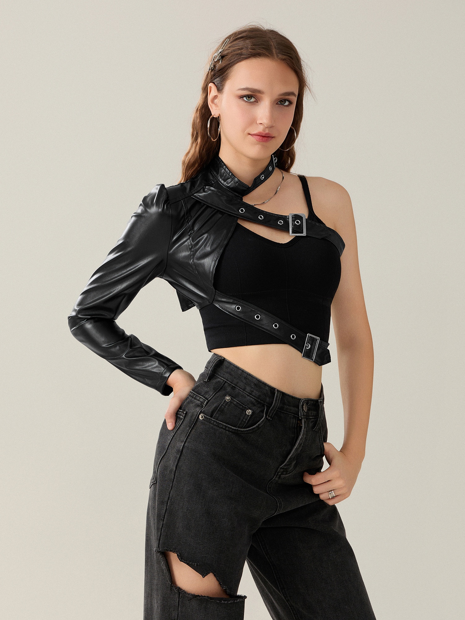 women punk style crop tops cool single long sleeve neck - Temu