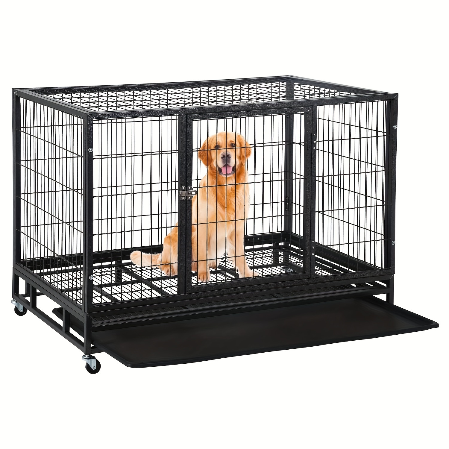 

Heavy Duty Dog Crates For Large Dogs, Dog Crate Metal Wire Dog Kennel Double Door Dog Cage With Lockable Wheels And Plastic Tray For Extra Large Xl Xxl Dog Indoor Outdoor