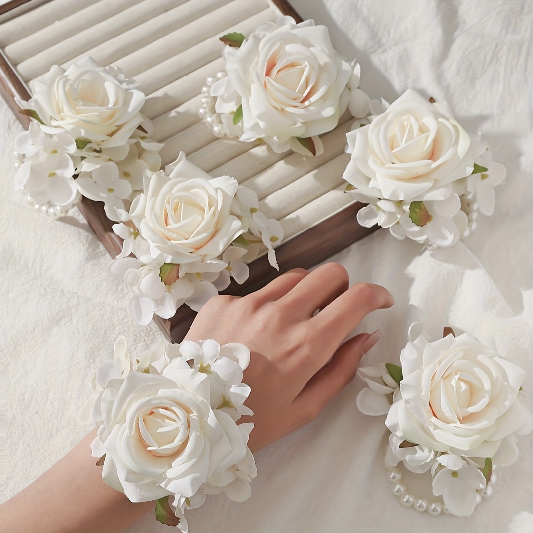 TEMU 6pcs Elegant Rose And Hydrangea Bridal, Bridesmaid, Mother, Mother-in-law Pearl Chain Wrist Corsages, Suitable For Weddings, Parties, Dinner Balls, Travel, And Anniversaries