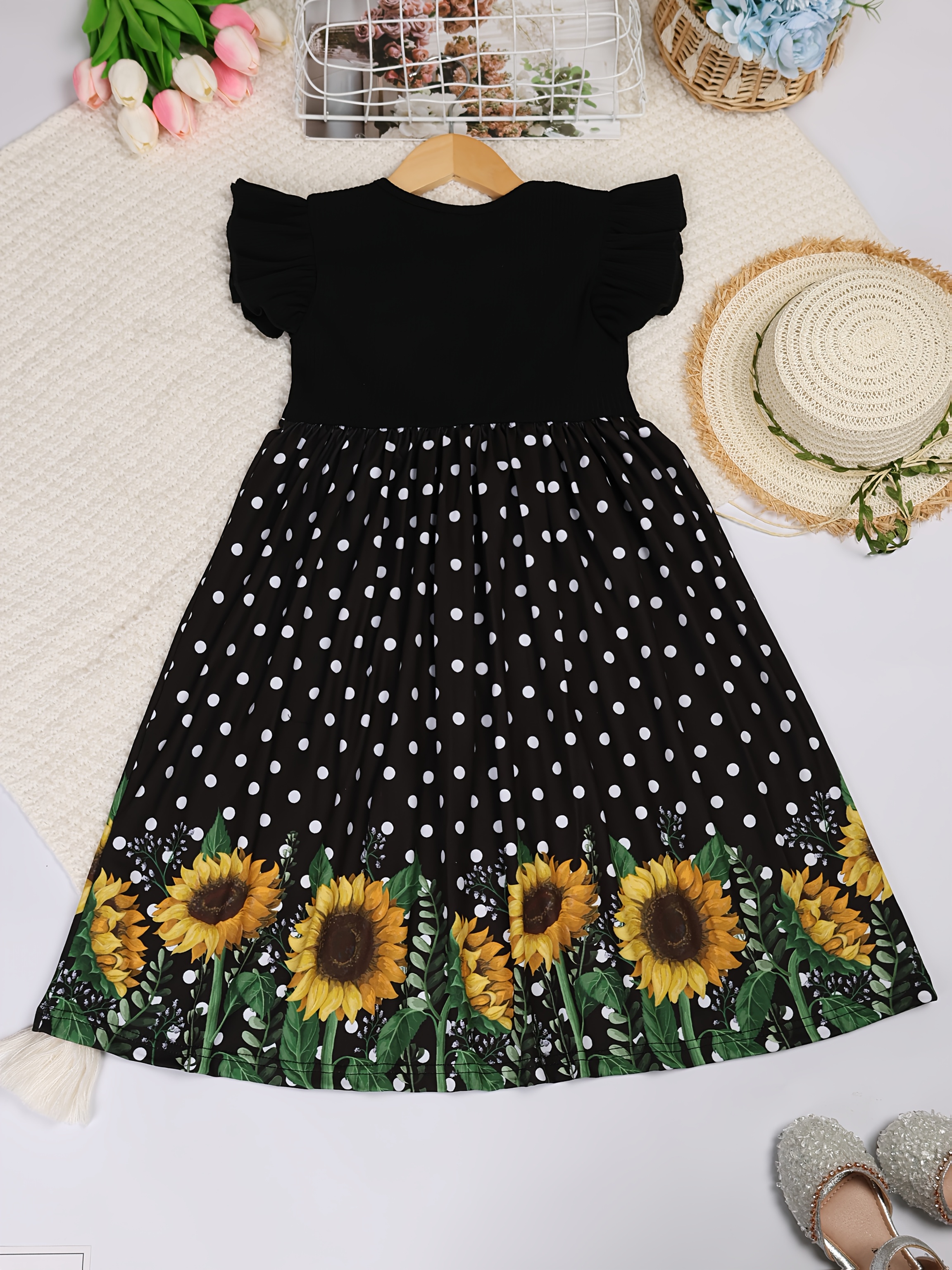 Girls' Summer Sunflower Print Dress with * Sleeves - Black & Yellow Floral  Pattern, Casual Crew Neck *-Calf Length, Fitted Top & Flared Skirt,